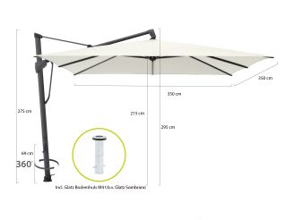 Glatz Sombrano S+ Easy zweefparasol 350x350cm - Ecru (158) (incl. bodemhuls M4 en parasol beschermhoes) (Frame = Antraciet)