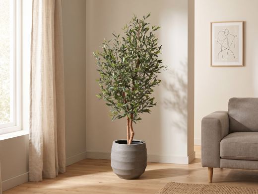 Designplants/Luca Lifestyle Olijf kunstboom (h:150cm) met Bordo Balloon bloempot - Groen (UV bestendig) (bloempot = Clay)