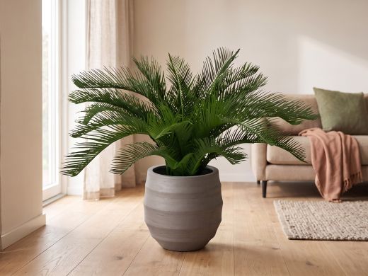 Designplants/Luca Lifestyle Cycas palm kunstplant (h:60cm) met Bordo Balloon bloempot - Groen (UV Bestendig) (bloempot = Clay)