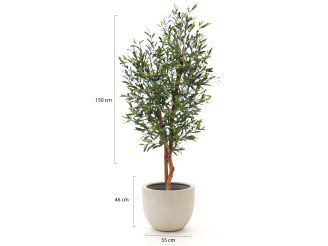 Designplants/Luca Lifestyle Olijf kunstboom (h:150cm) met Grigio New Egg bloempot - Groen (UV bestendig) (bloempot = Antique White)