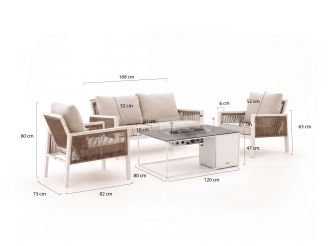 Manifesto Alzano/Cosidesign Line stoel-bank loungeset met vuurtafel 4-delig - White (incl. kussens) (Twist Wicker = Natural) (Blad = Dekton Kelya) (incl. glas)